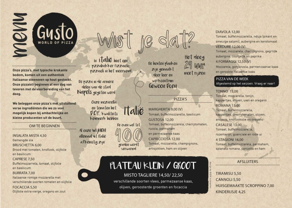 Menu van Gusto, BIEN ontwikkelde visuele identiteit voor Gusto en vertaalde dit naar het menu